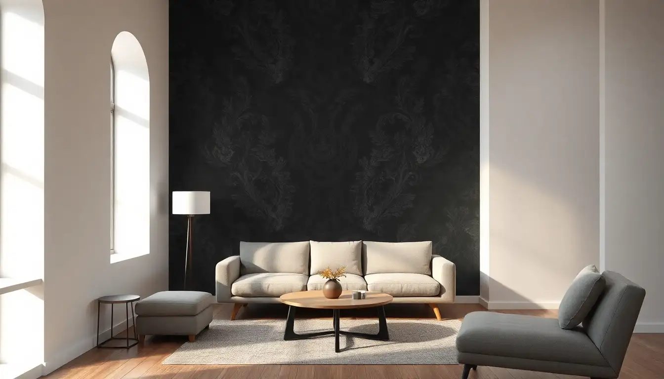 Dark charcoal textured wallpaper on a single accent wall in a bedroom