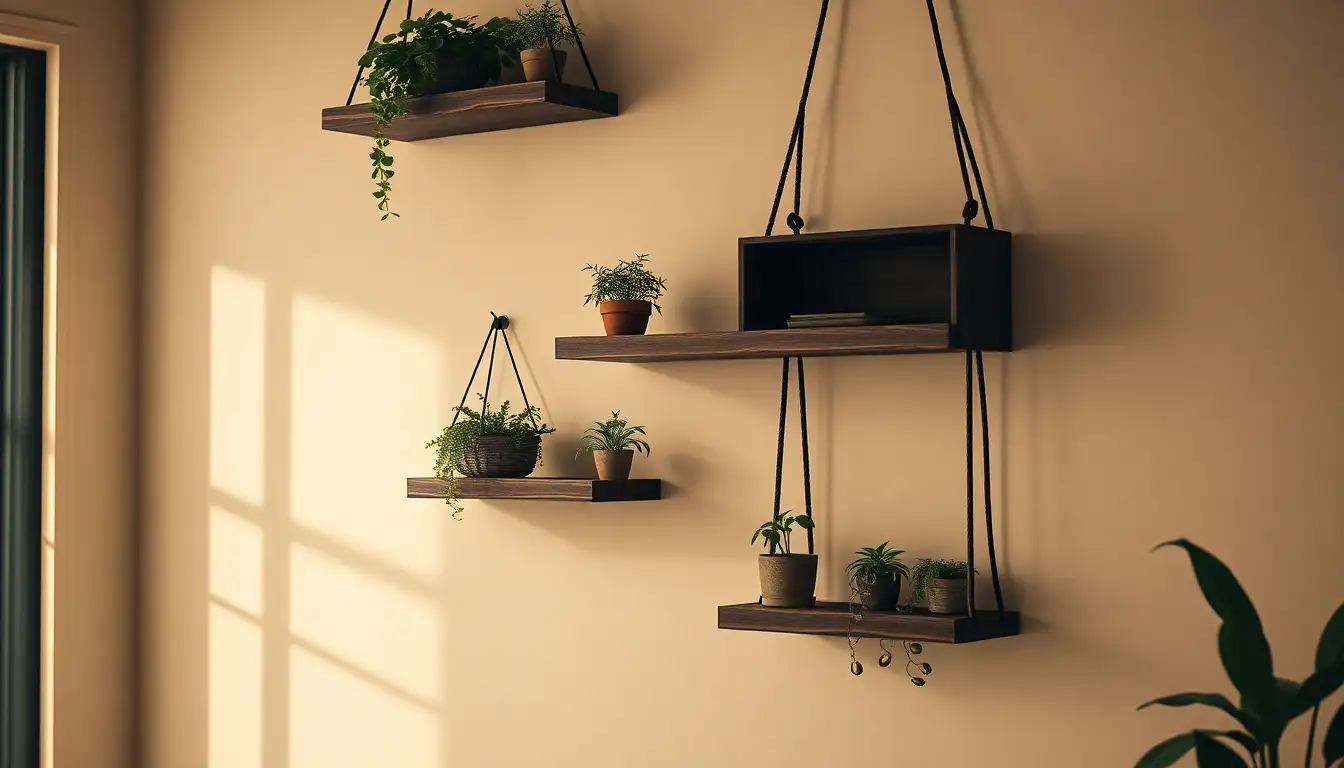 Dark cotton rope hanging shelves with small potted plants on a white wall