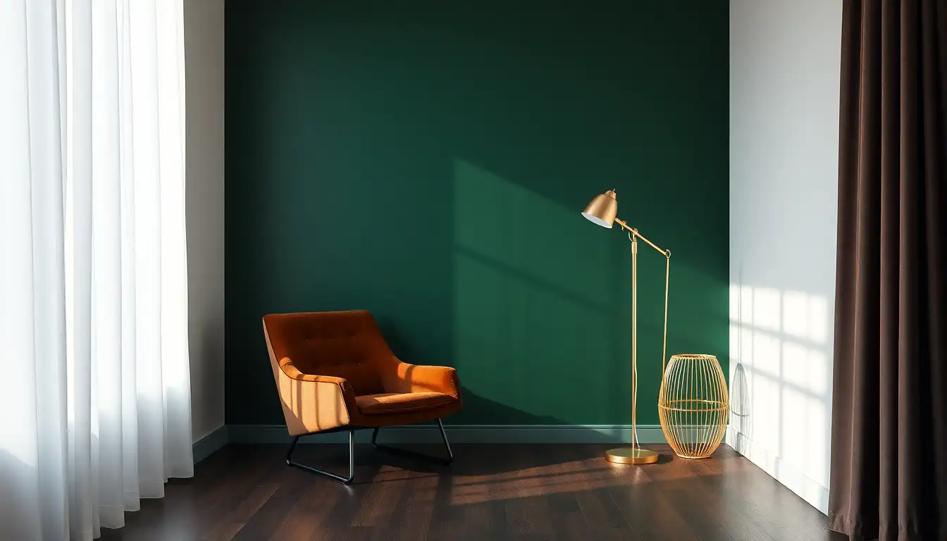 Dark forest green bedroom wall with a brown velvet chair and gold lamp