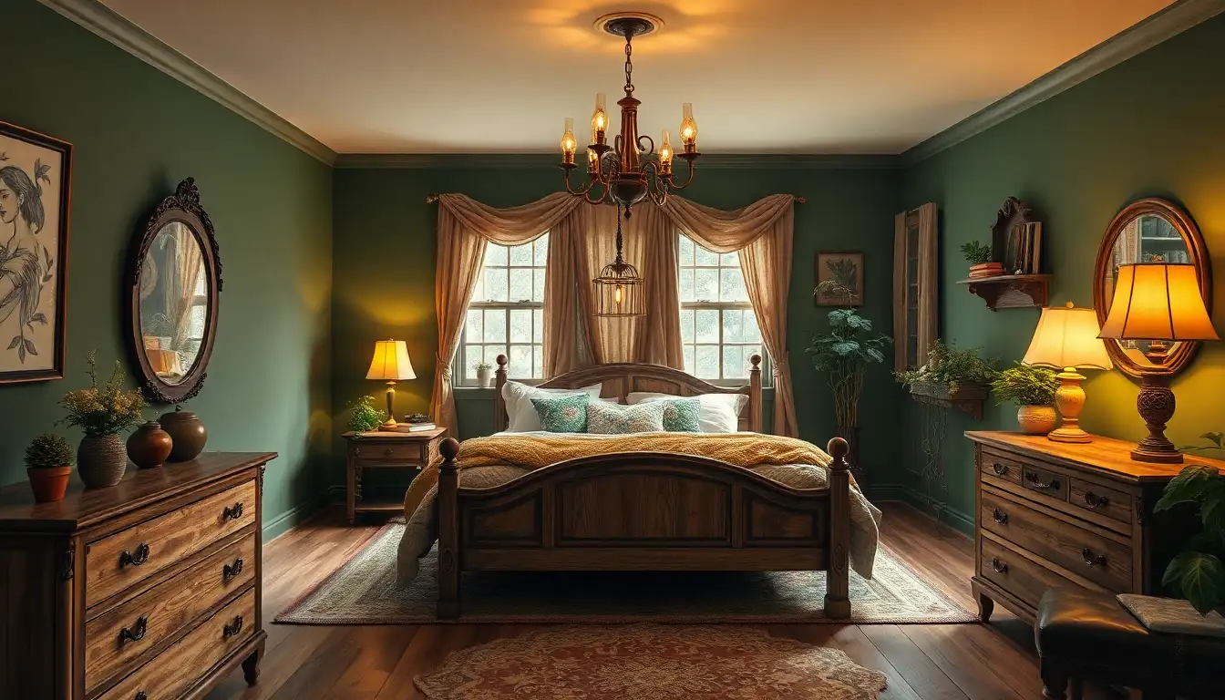 Dark forest green bedroom with vintage wood furniture and botanical art