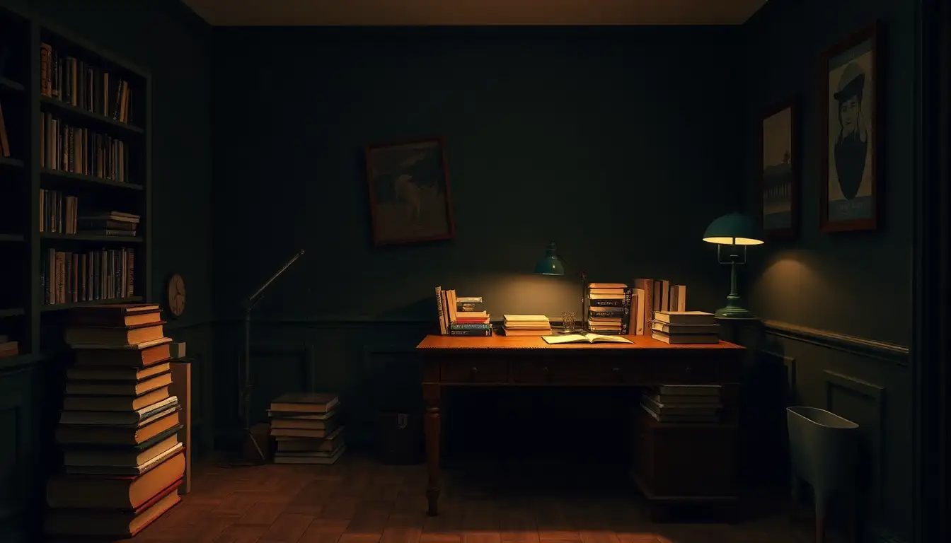 Dark green bedroom desk with books and an old green lamp