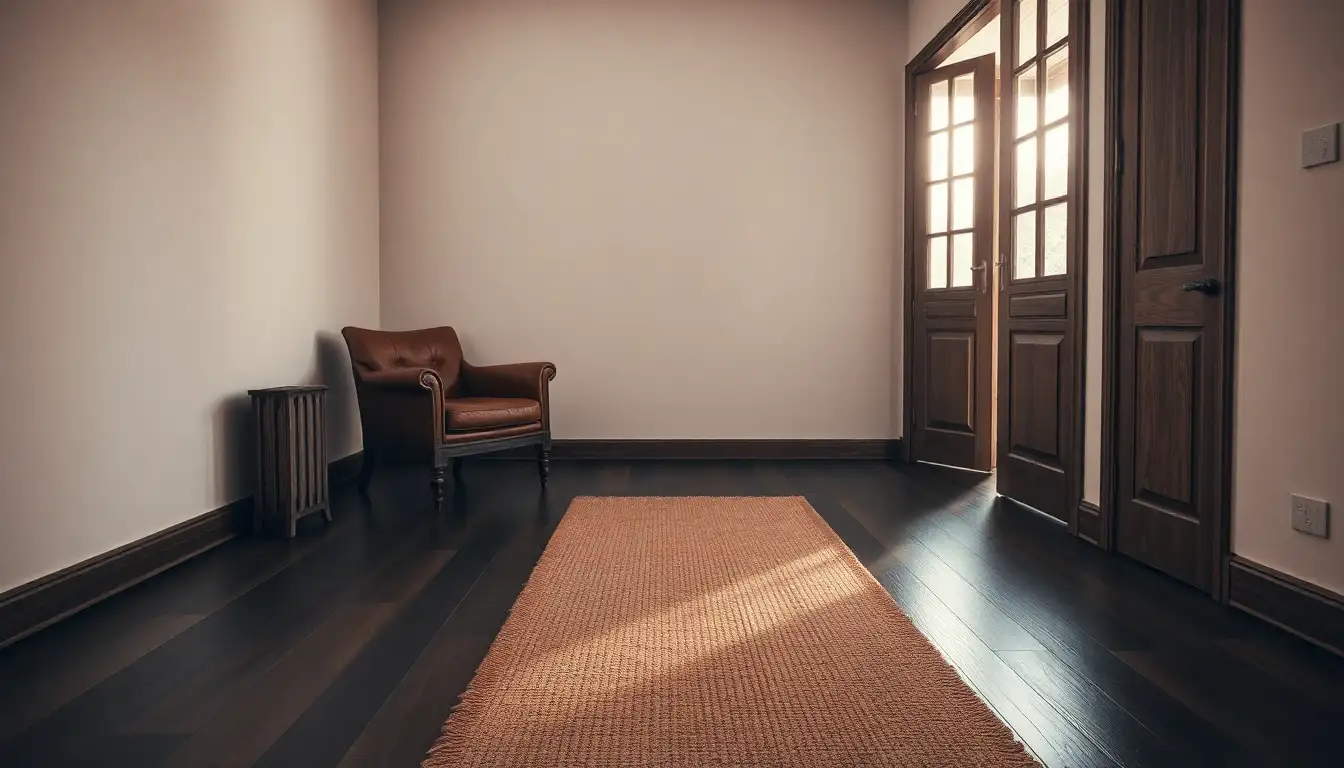 Dark Wood and Rug Textures Dark hardwood floors with a jute runner rug in a scholarly bedroom