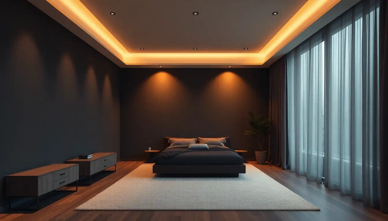 Geometric Lighting Design Dark minimalistic bedroom with geometric patterns