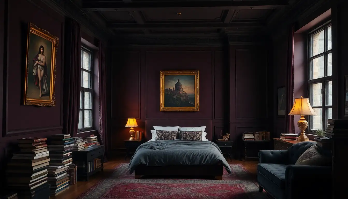 Dark plum bedroom walls with gold frames and vintage style decor.