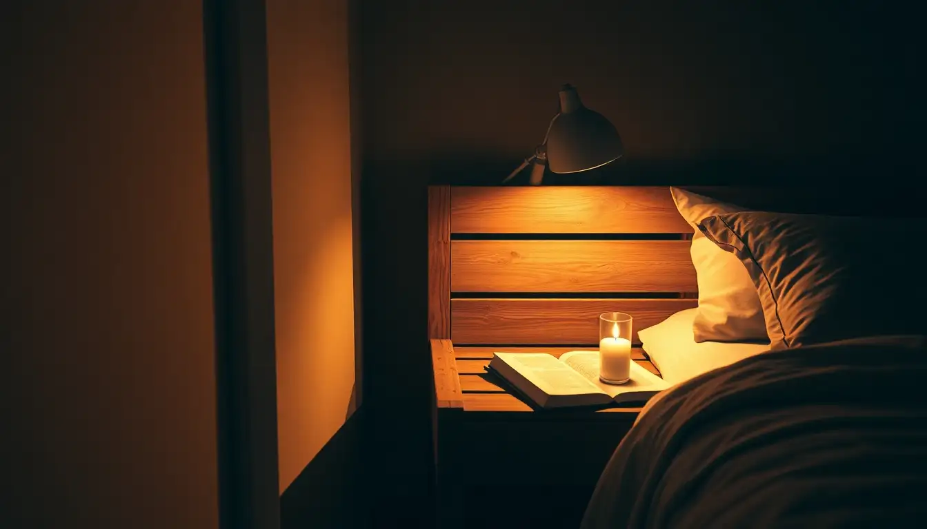 Dark stained wooden crate repurposed as a bedside table in a moody room