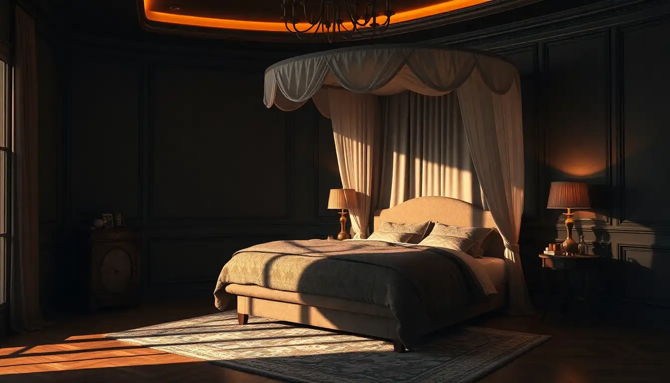 Dramatic Lighting Bedroom Dark-walled bedroom with dramatic lighting