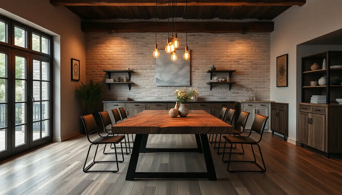 Moody Wood Dining Room Dark walnut dining table with vintage style hanging lights