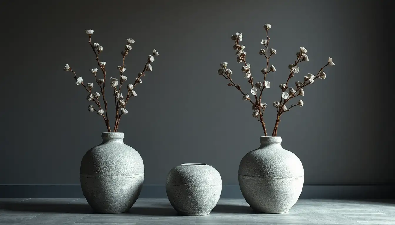 Distressed grey stone vases holding dried eucalyptus stems on a dark table