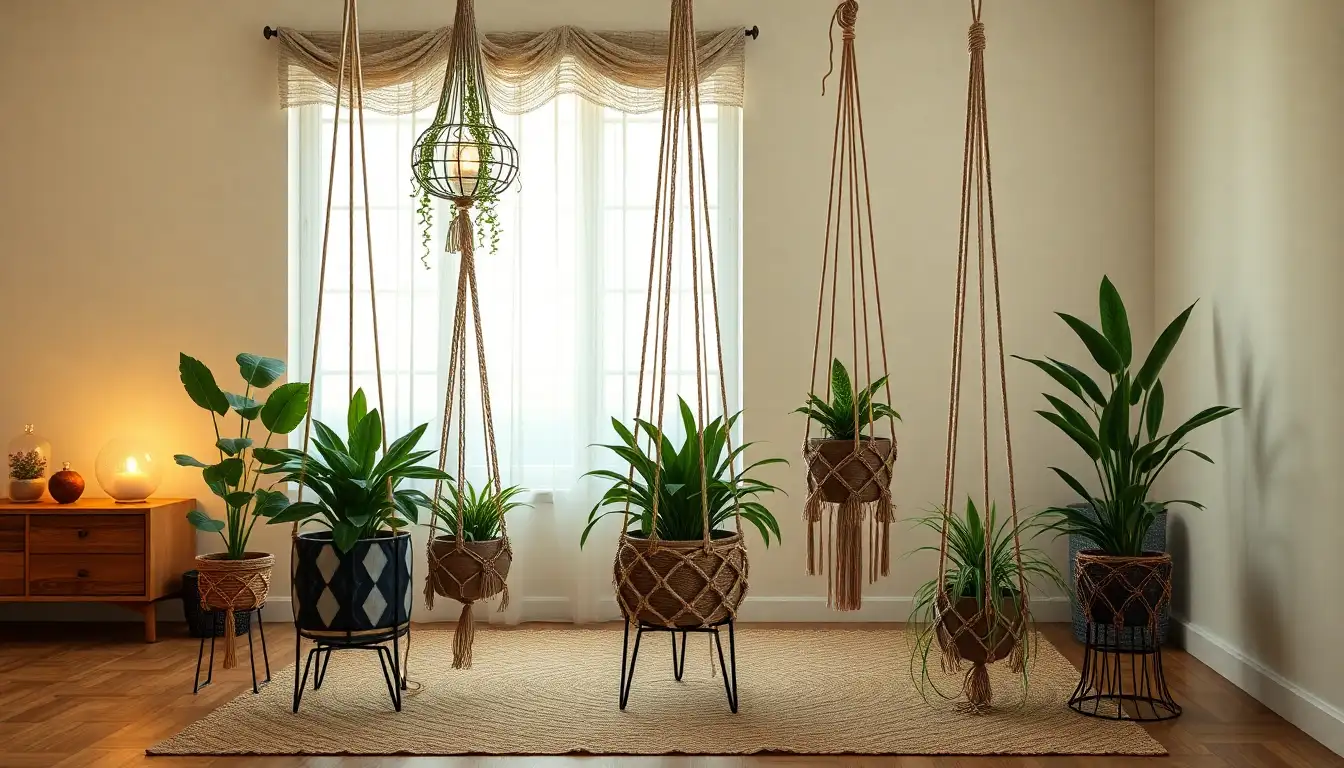 DIY macram&eacute; planters adding green elements to room.