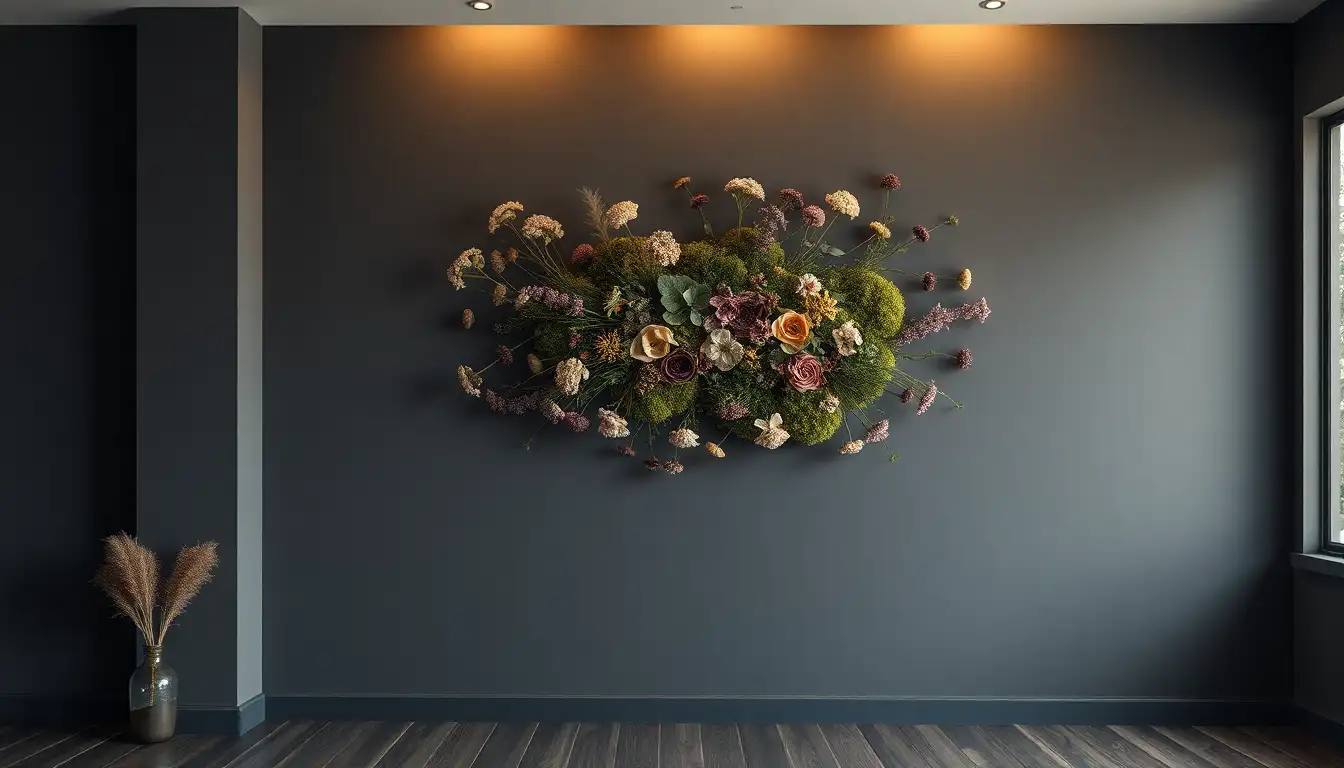DIY moss wall art and dried flower bundles hanging on a dark wall