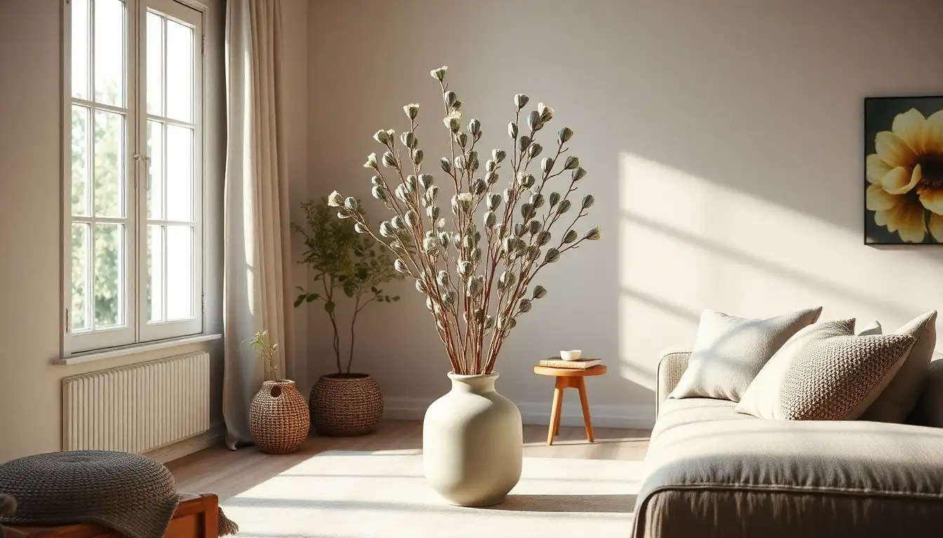 Dried eucalyptus stems in a vase on a bedside table with green linens