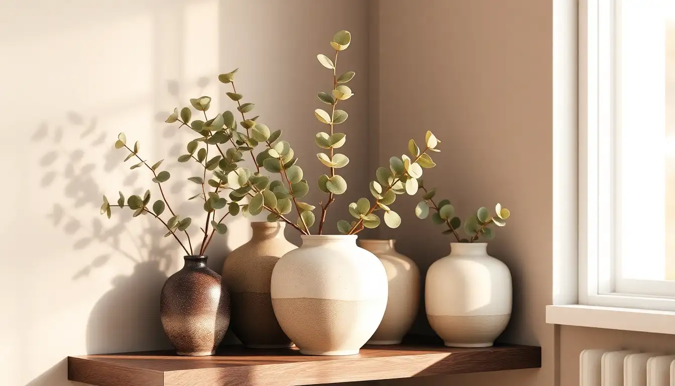 Dried Flowers and Nature Accents Dried eucalyptus stems in ceramic vases on a dark wooden shelf