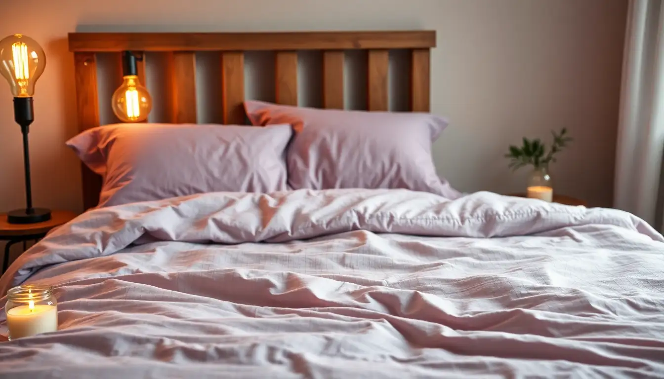 Dusty lilac bedding with warm lighting from an edison bulb.