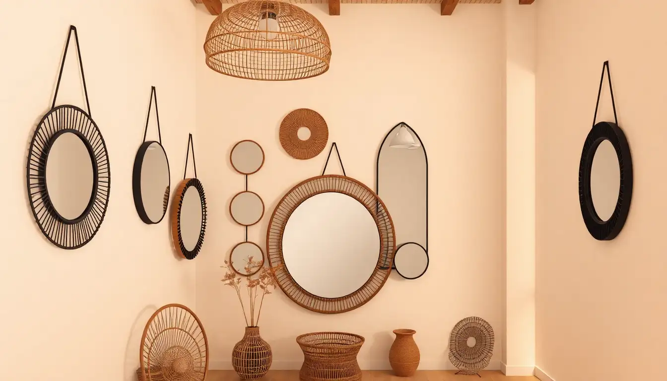Eclectic mirror gallery wall with rattan and metal frames