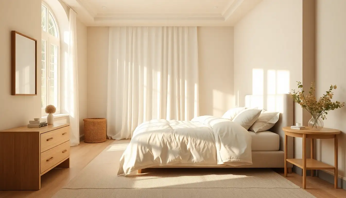 Elegant beige bedroom with linen bedding and morning sunlight