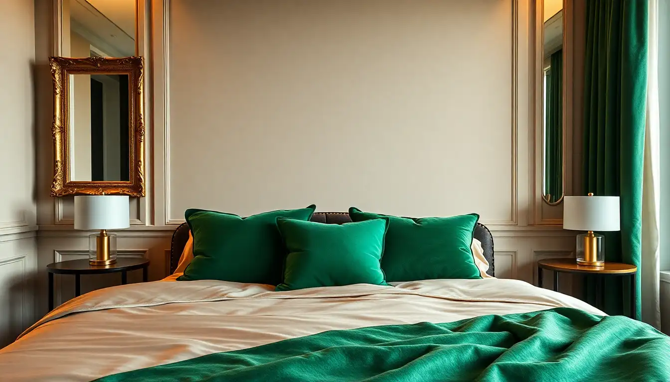 Emerald green velvet pillows on silk bed sheets with gold frames
