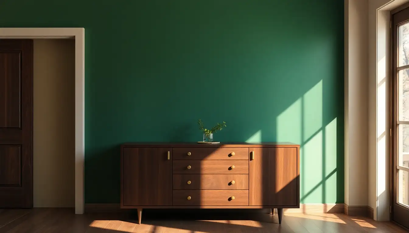Emerald green wall with dark wood furniture for a moody look.
