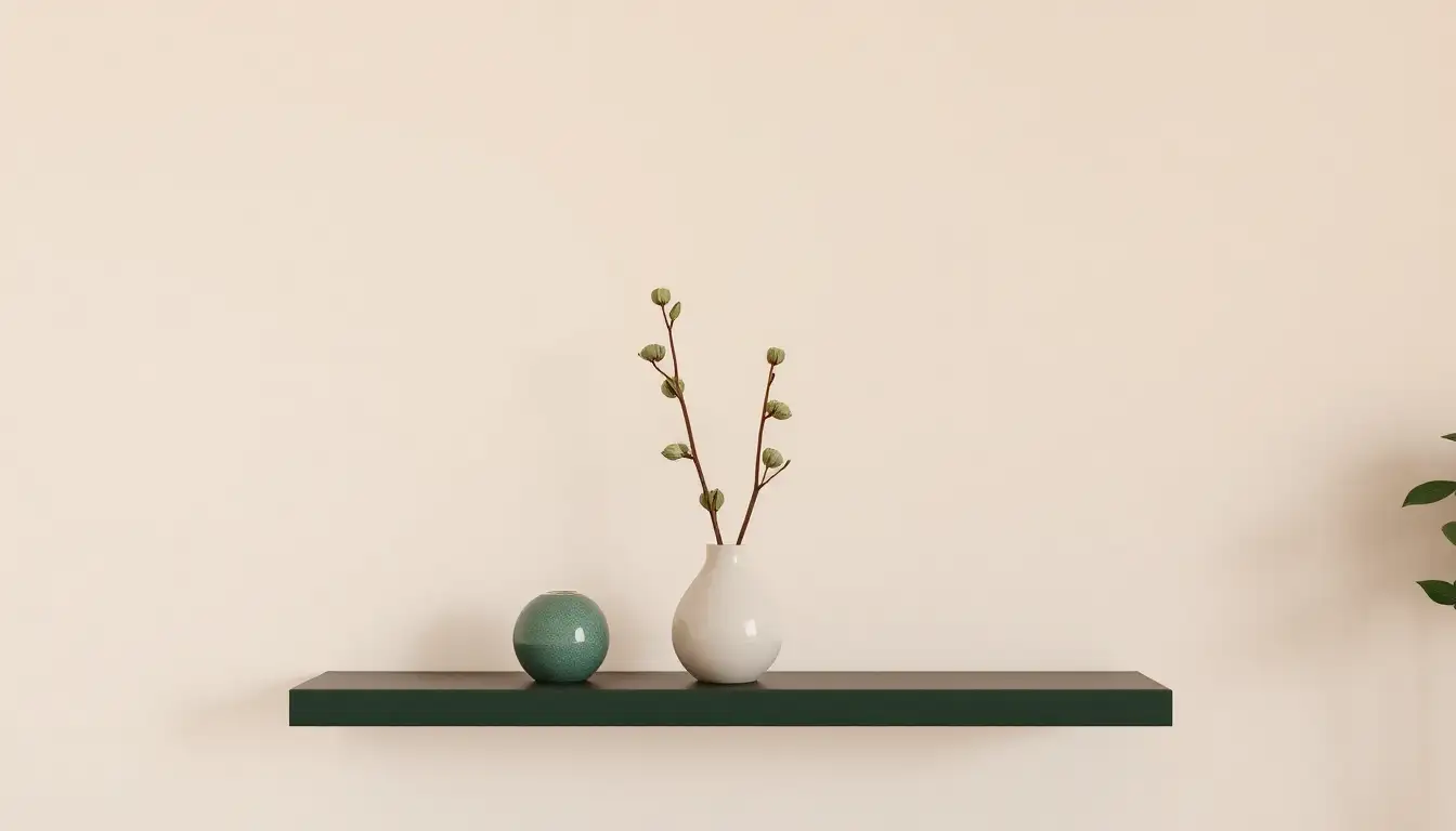 Eucalyptus stems in ceramic vases on a dark green shelf.