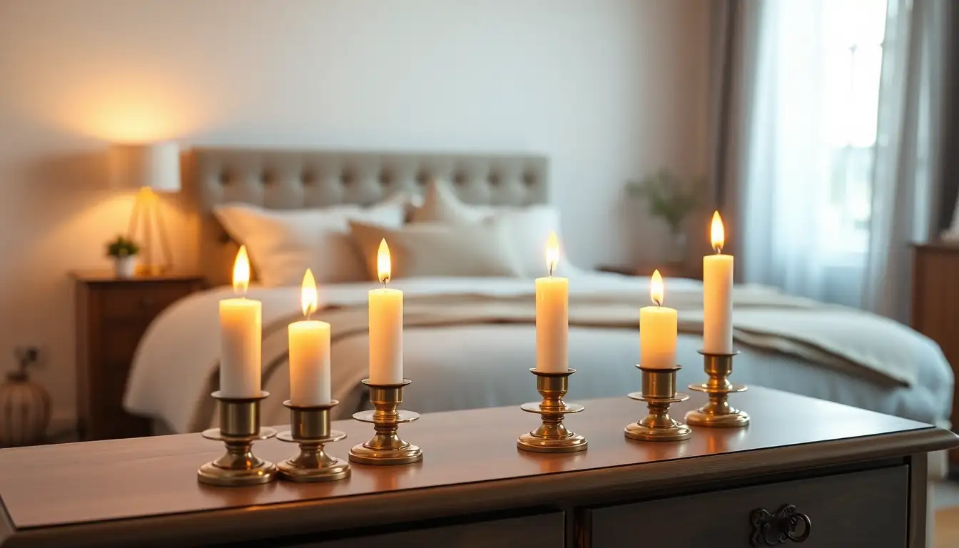 Fake candles flickering on a dresser at night.