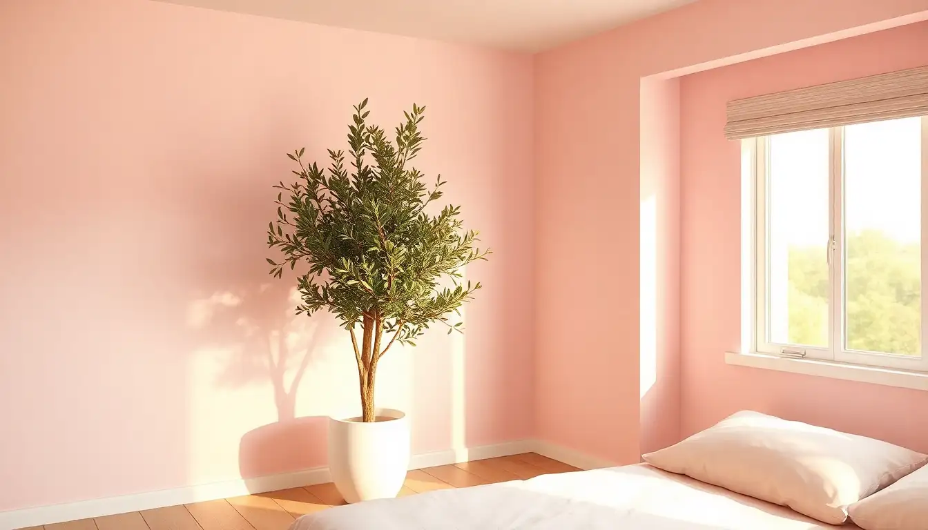 Faux olive tree in a pastel pink aesthetic bedroom corner.