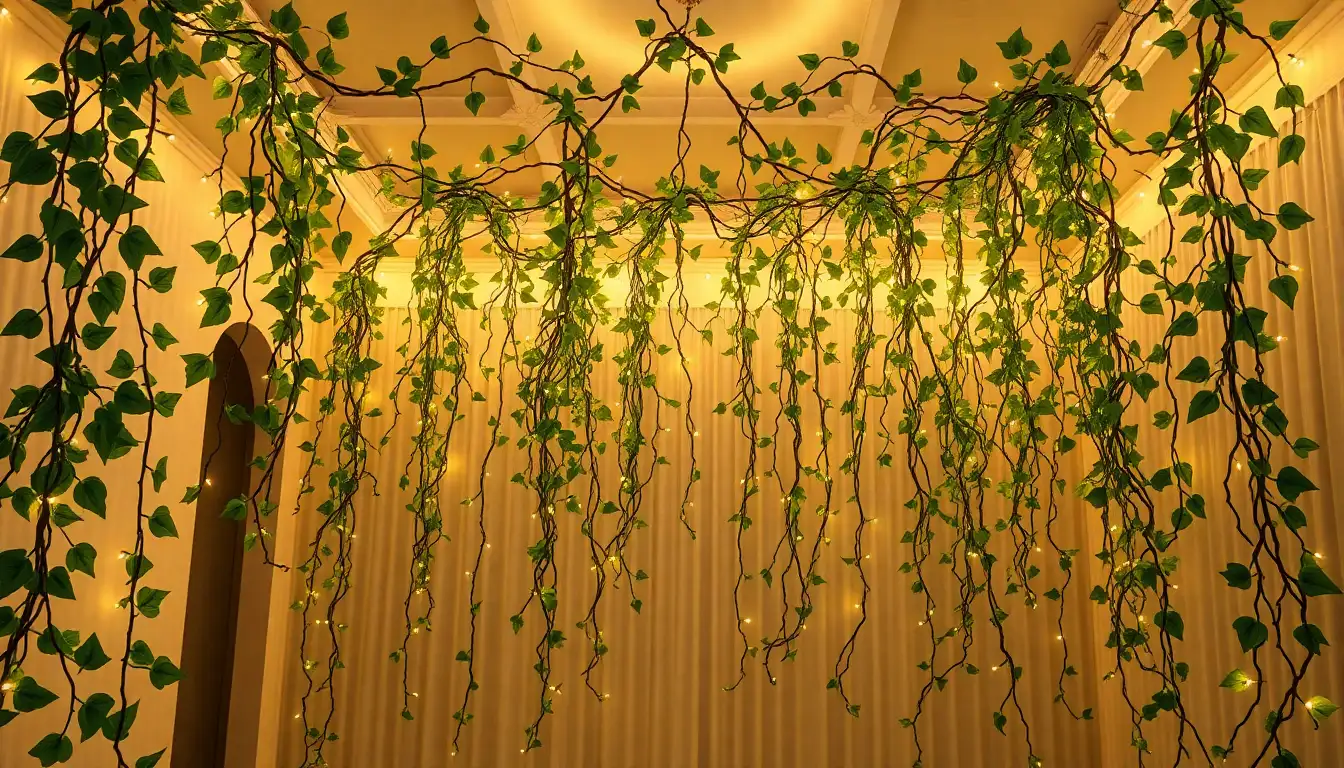 Faux vines and climbing ivy trailing from a bedroom ceiling