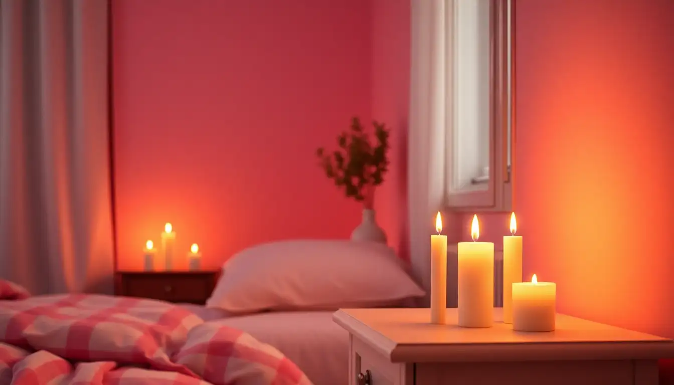 Flameless candles providing a warm glow in a pink bedroom.