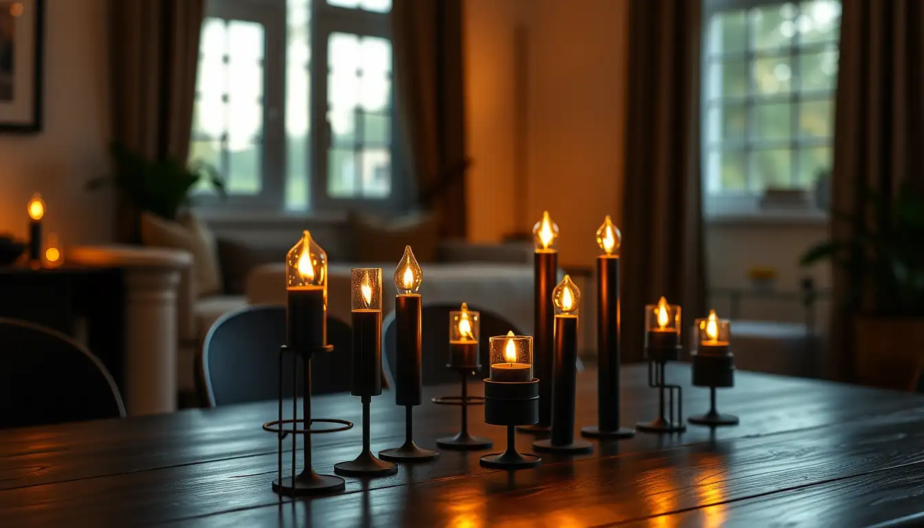 Modern Gothic Candles Flameless taper candles on a dark table setting