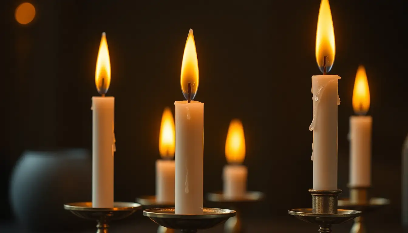 Taper Candles for Mood Flickering flameless taper candles in brass holders on a bedroom dresser