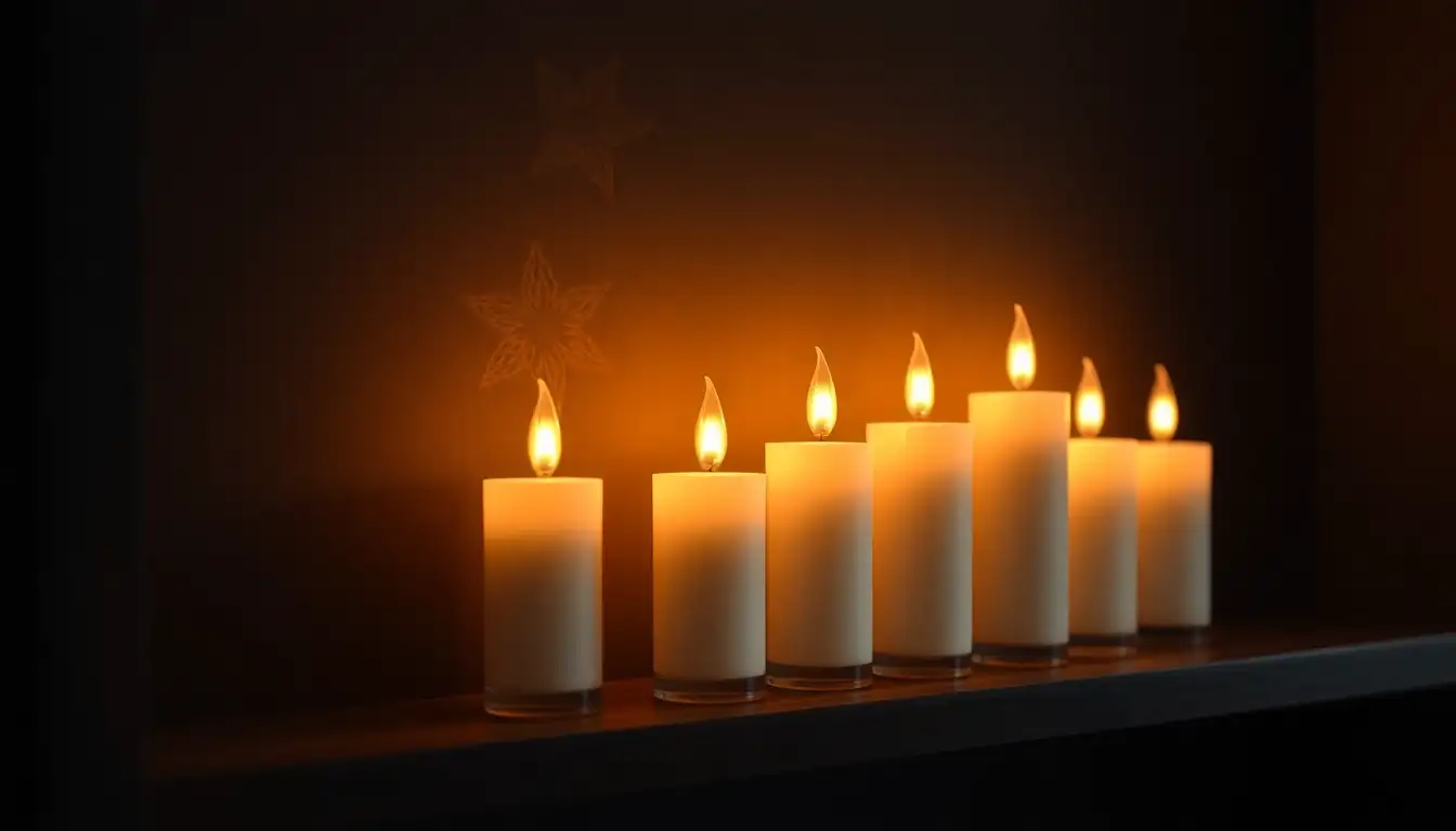 Flickering flameless taper candles on a dark decorative shelf.