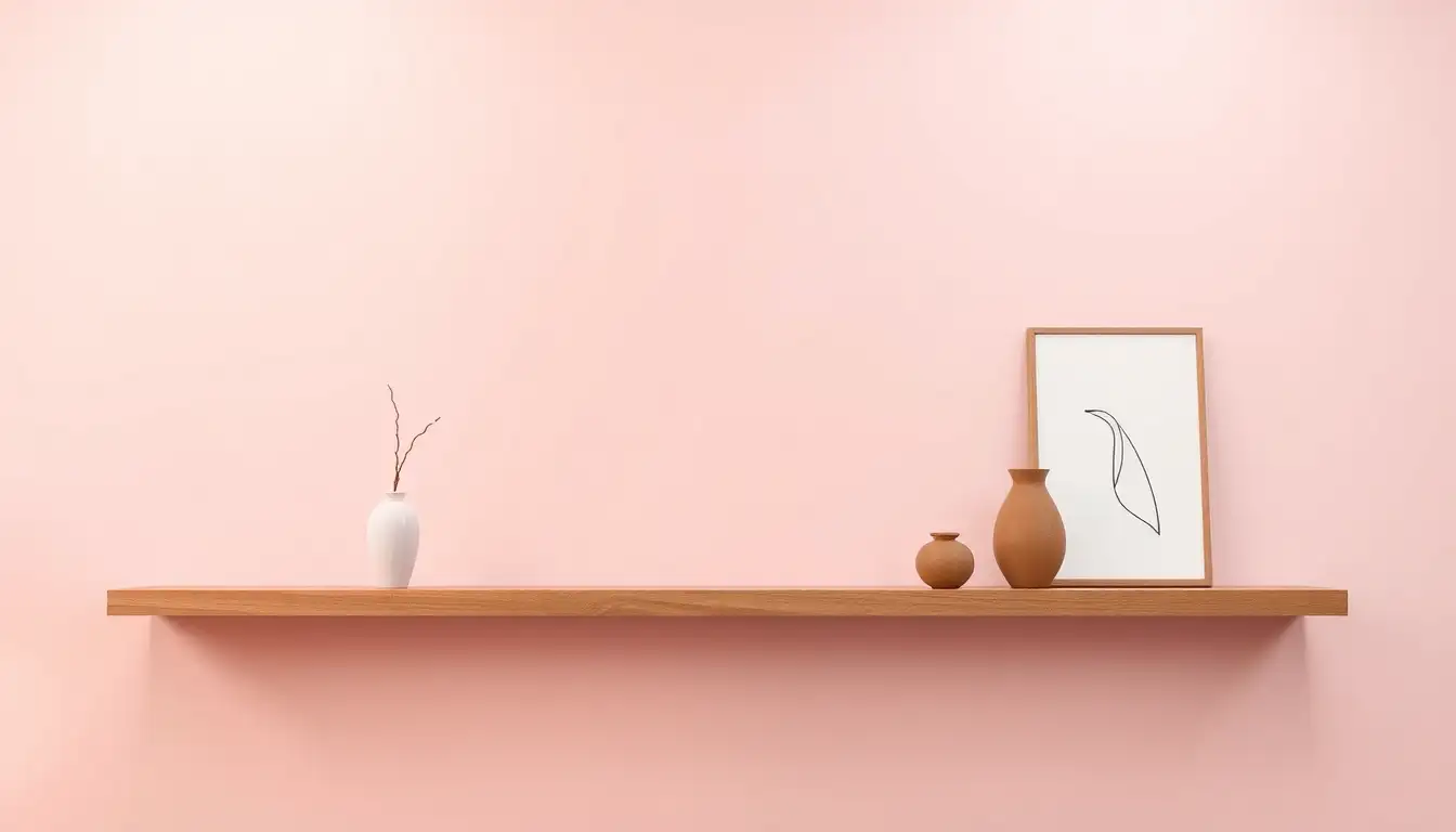 Floating shelves with decor on a pastel pink wall.
