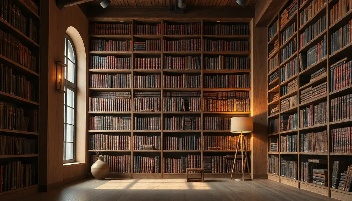Library Wall with Ladder Shelves Floor to ceiling library wall with a black ladder bookcase and vintage books