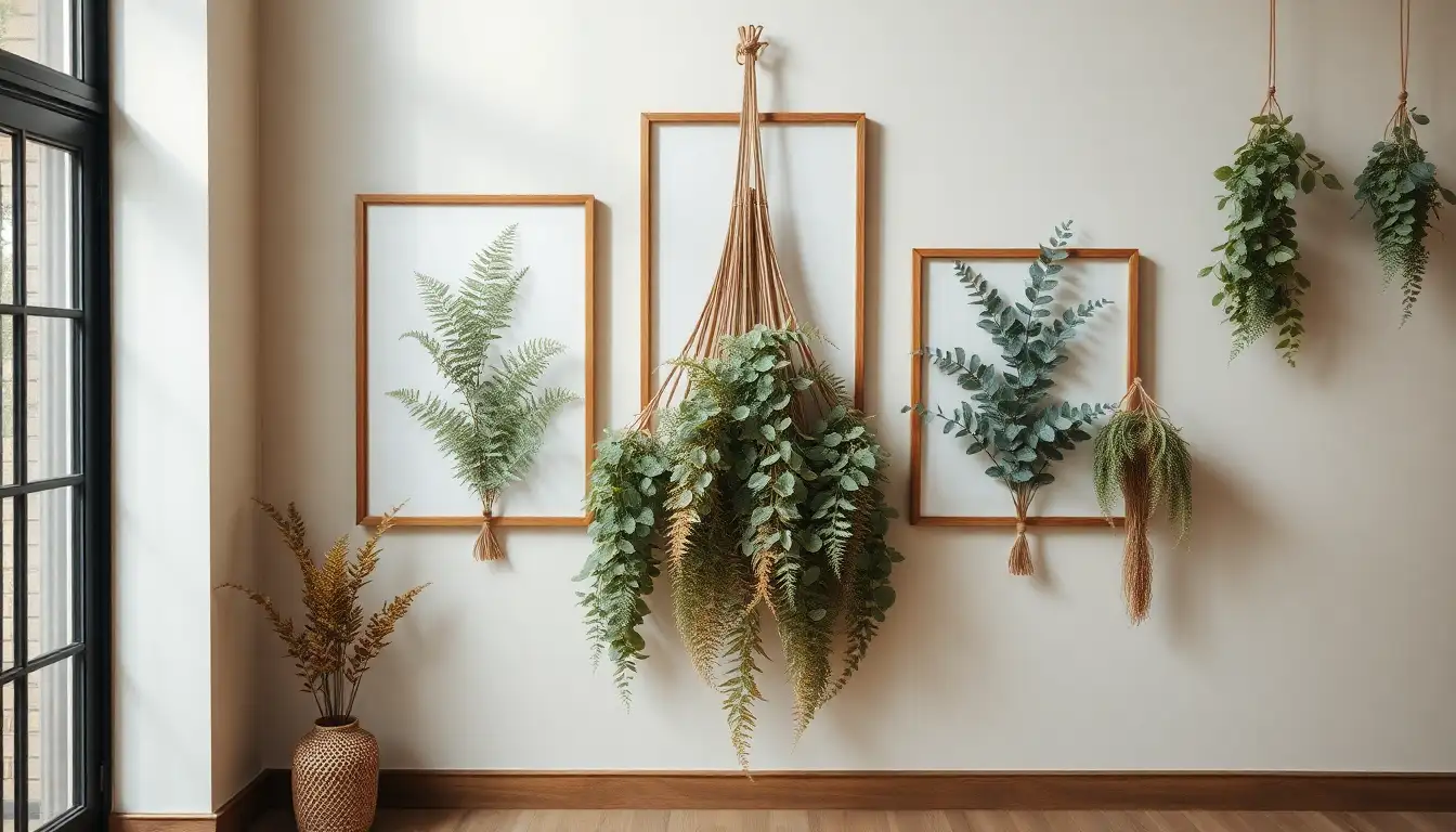 Framed botanical prints and bundles of dried herbs hanging on a wall.