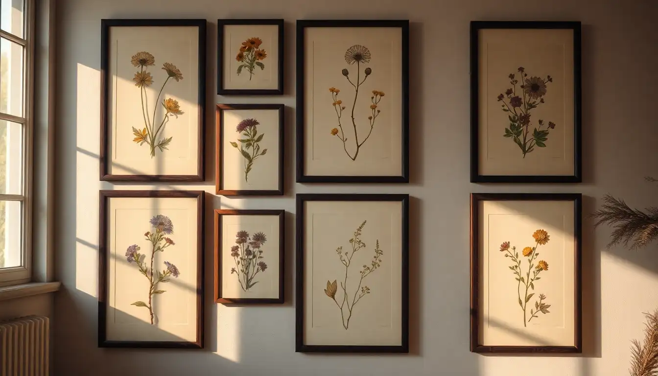 Gallery wall of pressed flowers and botanical art