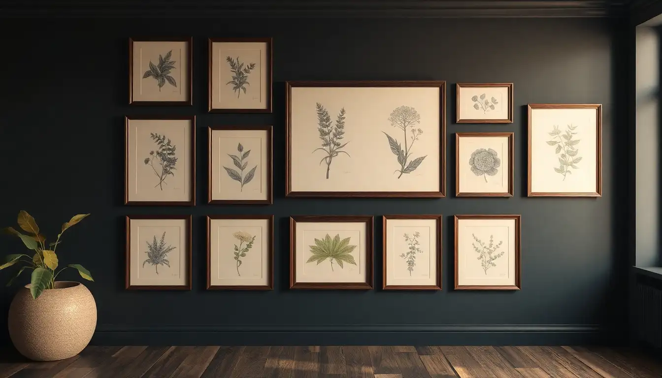 Antique Botanical Wall Art Gallery wall of vintage botanical prints in dark wood frames on a navy bedroom wall
