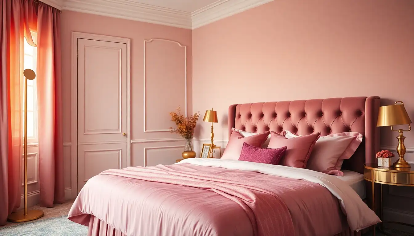 Glamorous dusty rose bedroom with gold metal accents and velvet headboard
