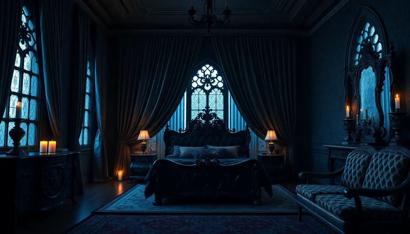 Gothic Bedroom Charm Gothic style dark bedroom with ornate furniture