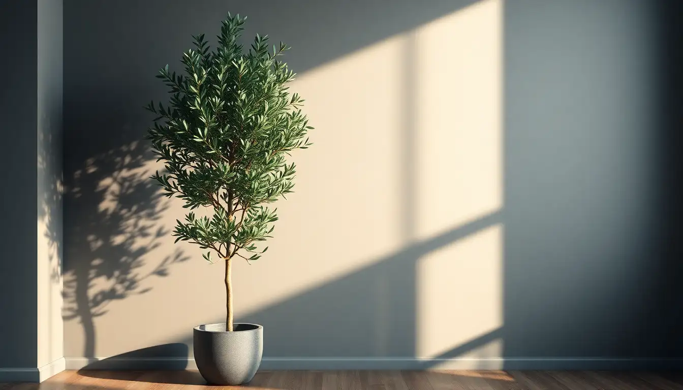 Green olive tree against a dark gray wall.