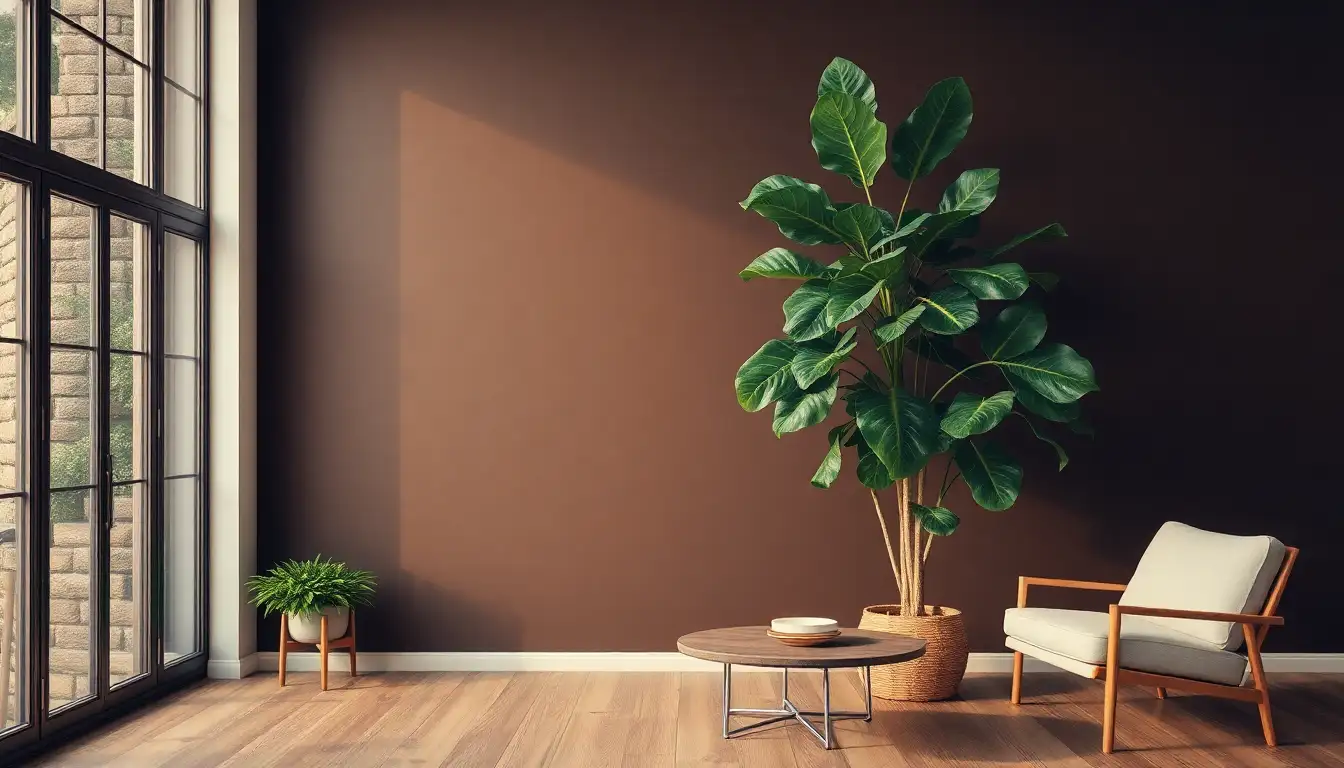 Greenery and Brown Contrast Green plant leaves against a dark chocolate brown wall