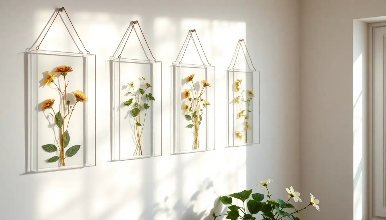 Handmade glass frames with pressed flowers hanging on a clean wall.