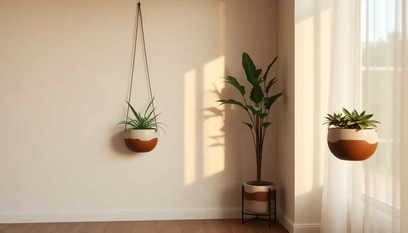 Handmade plant holders with subtle lighting in a room corner.
