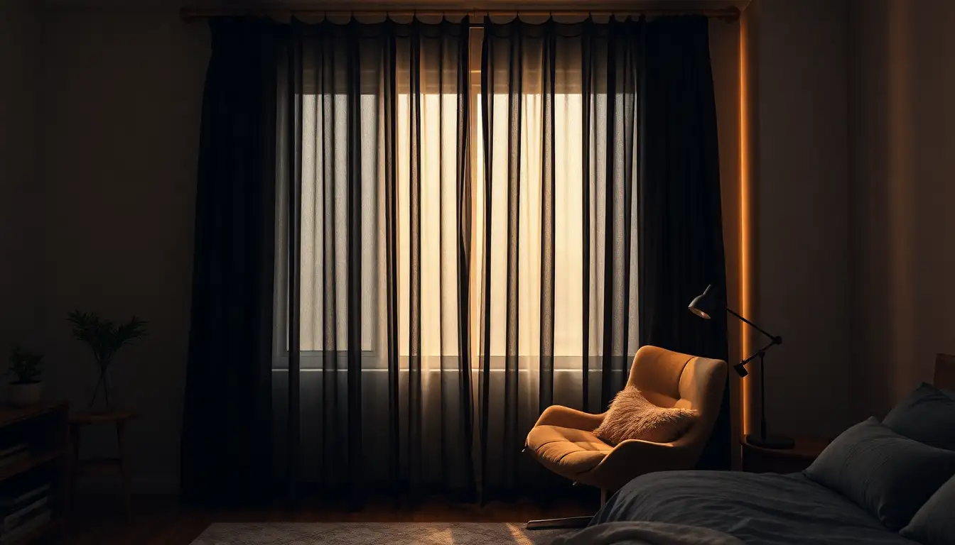 Heavy black curtains covering a window in a moody bedroom.