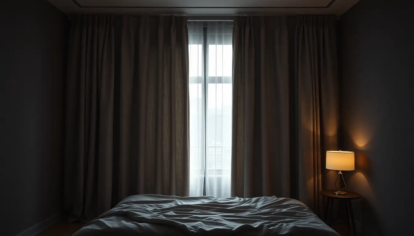 Heavy black curtains in a dim room.