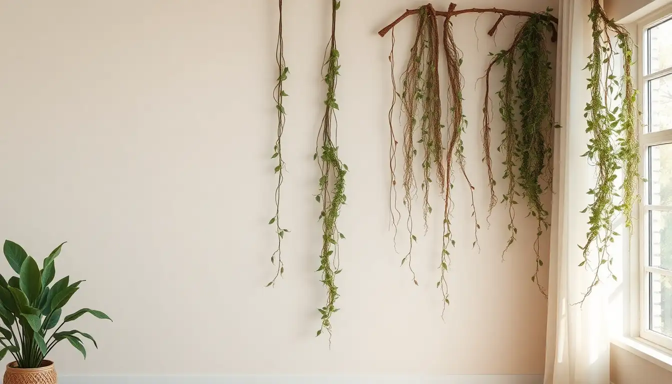 Indie botanical wall with hanging vines and greenery