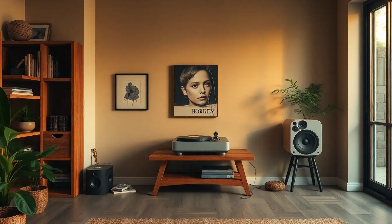 Indie music nook with record player and vinyl collection
