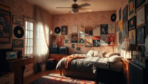 Indie room aesthetic with vintage posters and vinyl record wall decor
