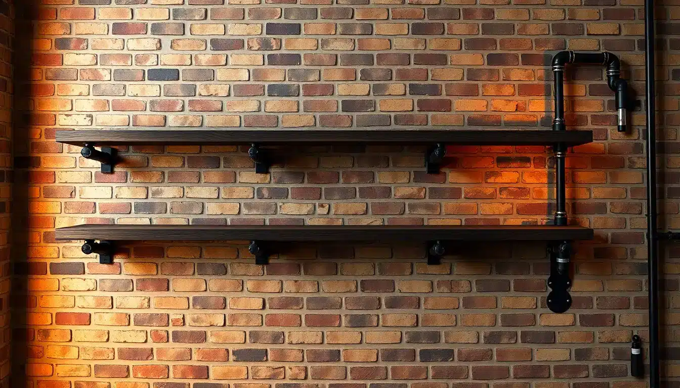 Industrial floating shelves made of iron pipes and dark wood on a red brick wall