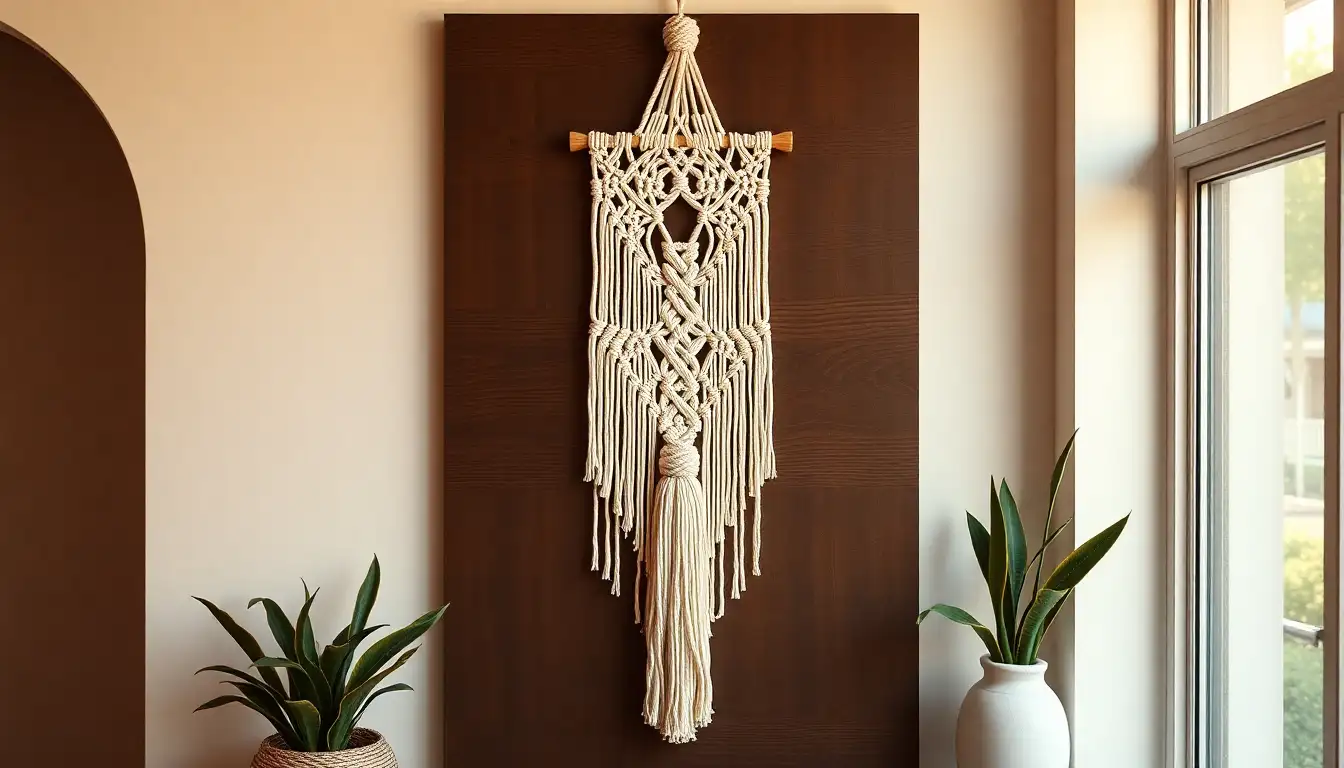Intricate macram&eacute; wall hanging made of cream-colored cotton cord.