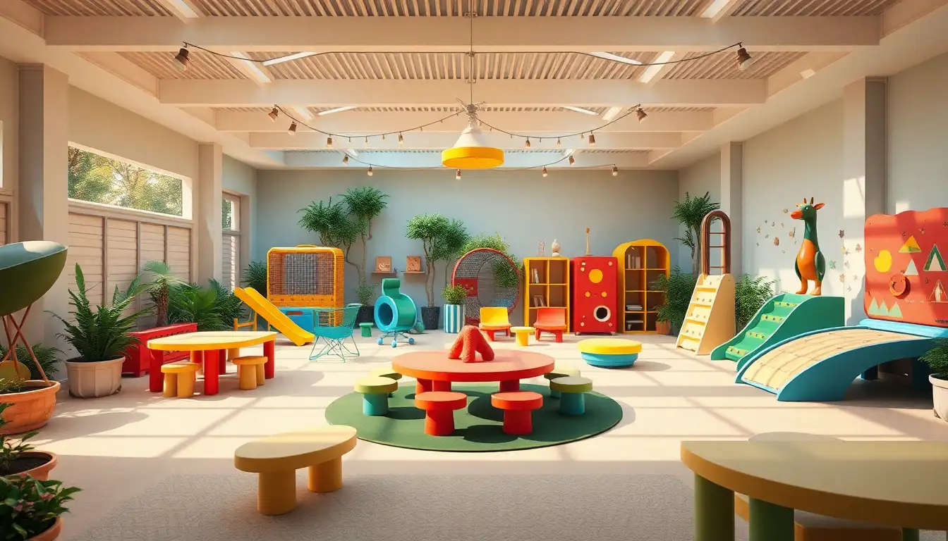 Kidcore outdoor play space with colorful furniture and games