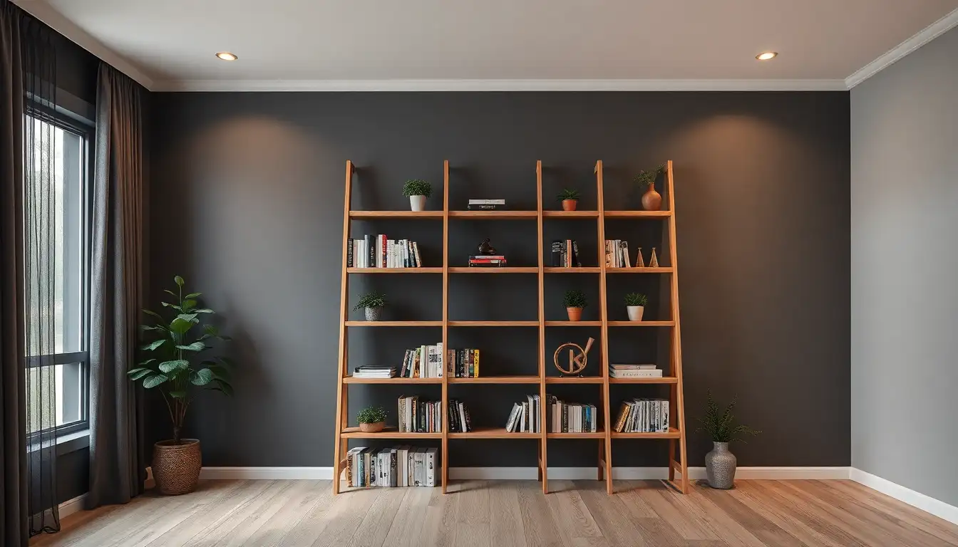 Ladder bookcase against a dark wall.