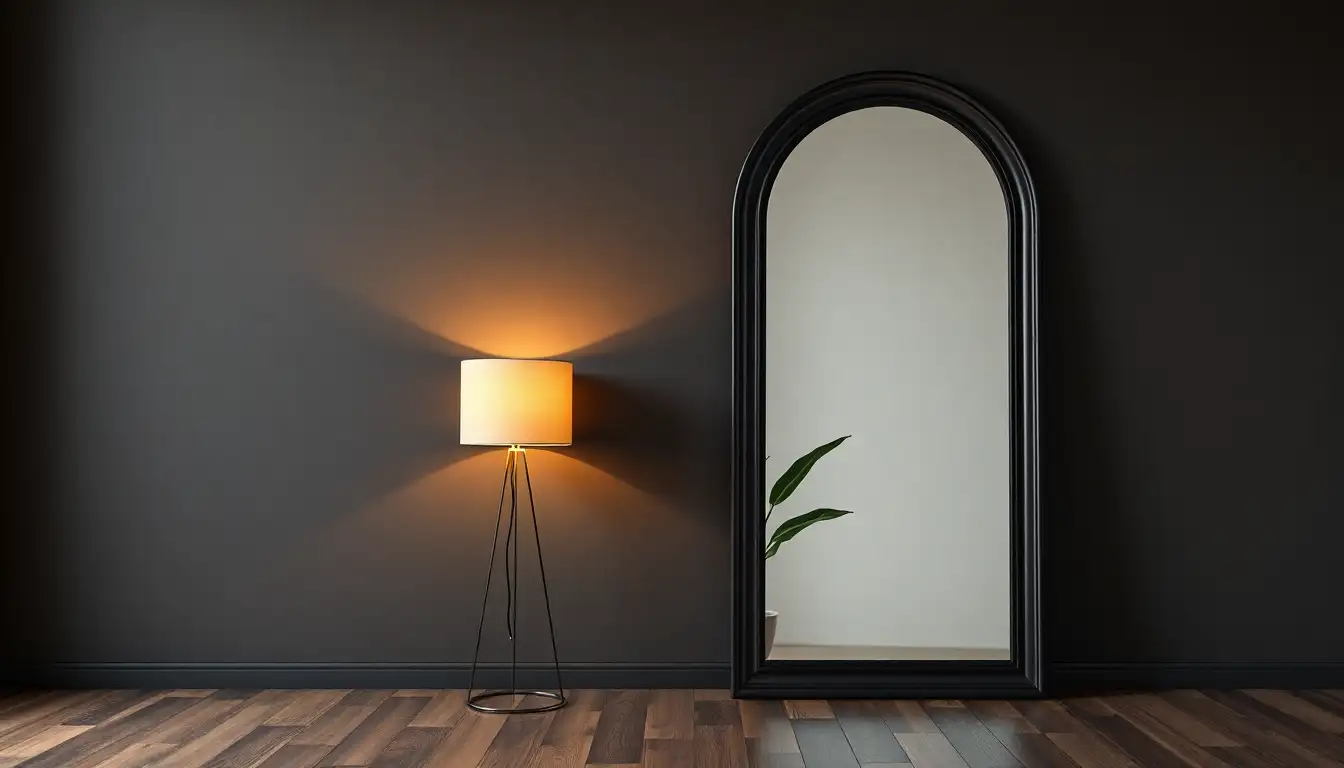 Arched Mirror Depth Large arched black mirror reflecting light in a dark room